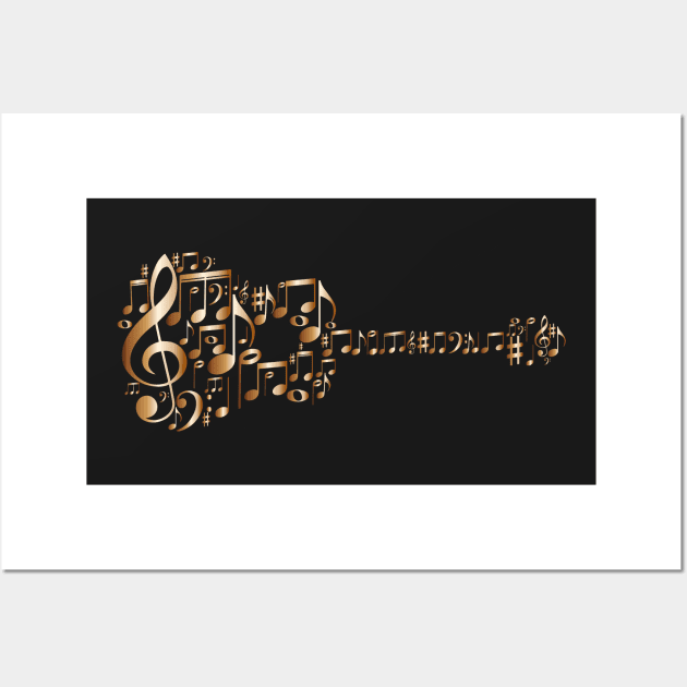 Guitar Art - Acoustic Guitar In Metallic Copper Music Notes Wall Art by WIZECROW